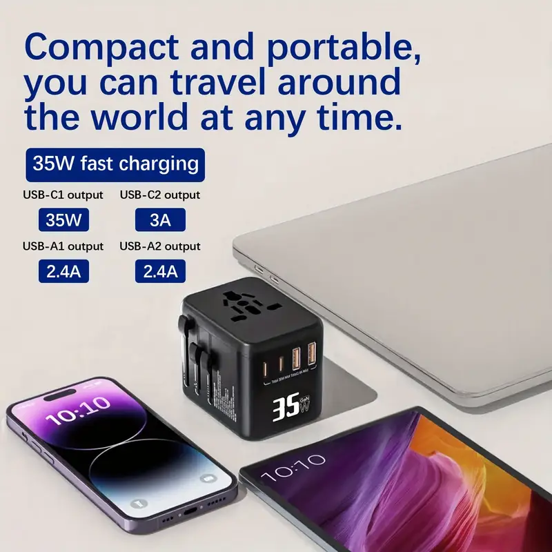 Universal Travel Adapter, European Travel Plug Adapter 35W - International Power Charger with 2 USB-C and 2 USB-A Ports
