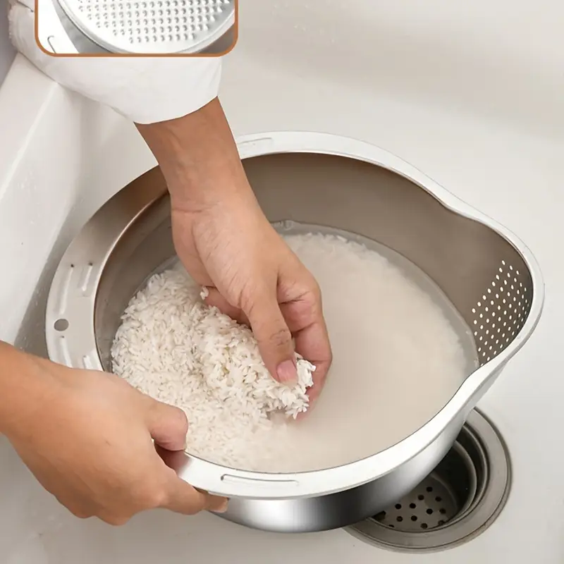 Stainless Steel Multi-Use Kitchen Colander - Ideal for Rice Washing, Fruit Draining & Vegetable Cleaning - Durable, Food-Safe Mesh Sieve with Handle for Efficient Water Filtering, Rice Strainer