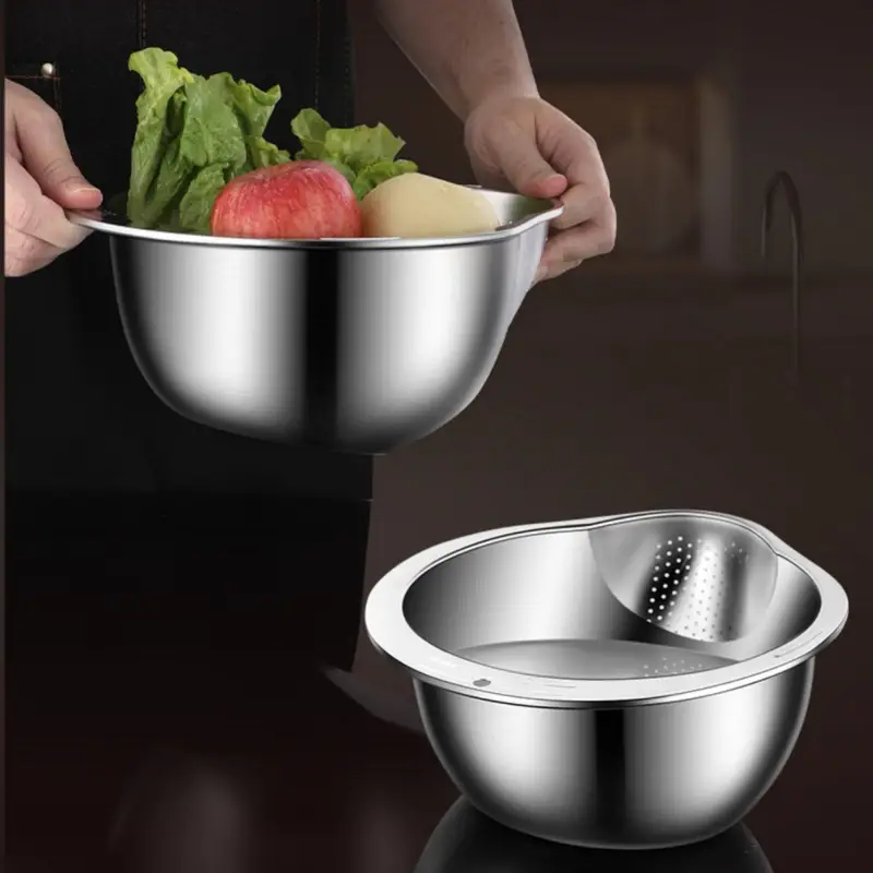 Stainless Steel Multi-Use Kitchen Colander - Ideal for Rice Washing, Fruit Draining & Vegetable Cleaning - Durable, Food-Safe Mesh Sieve with Handle for Efficient Water Filtering, Rice Strainer