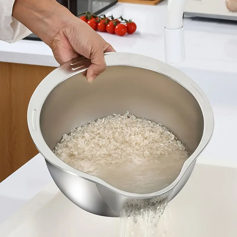 Stainless Steel Multi-Use Kitchen Colander - Ideal for Rice Washing, Fruit Draining & Vegetable Cleaning - Durable, Food-Safe Mesh Sieve with Handle for Efficient Water Filtering, Rice Strainer