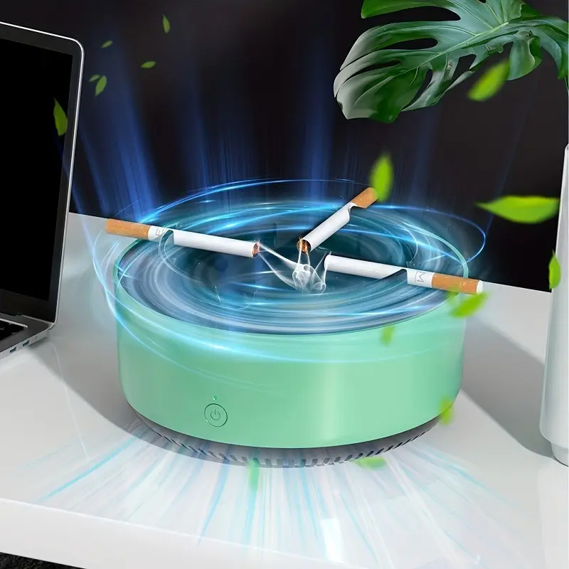 Intelligent Air Purification Ashtray - Round, Battery-Powered (2 AA Batteries Not Included), Eliminates Secondhand Smoke & Odors, Modern Green Design, Ideal for Home, Gifts, and Festive Occasions, Car Ashtray
