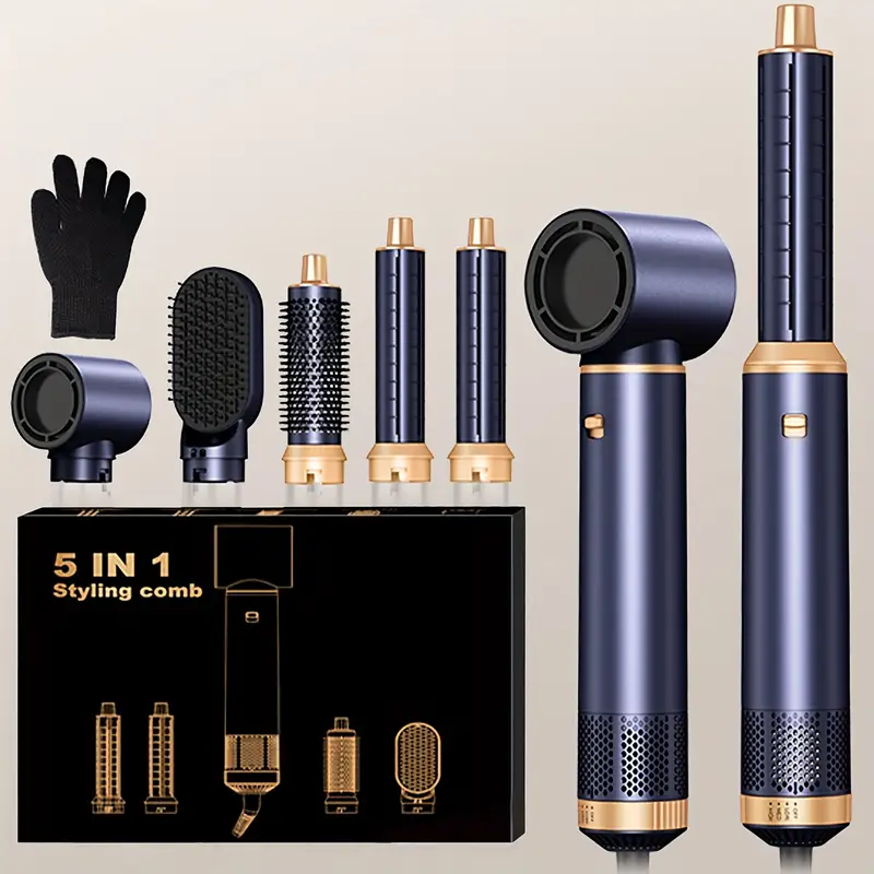 5-in-1 Hot Air Brush & Curling Iron Styler - with Automatic Shut-Off, Dual Function Curling Brush and Straightener, for Wet/Dry Hair, Professional Salon & Home Use - UK Plug (220V), Wet Dry Styling, Sleek Modern Appliance, Adjustable Settings
